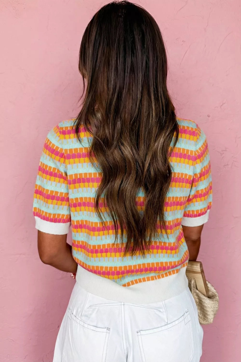 Abstract stripe ribbed knit short sleeve sweater