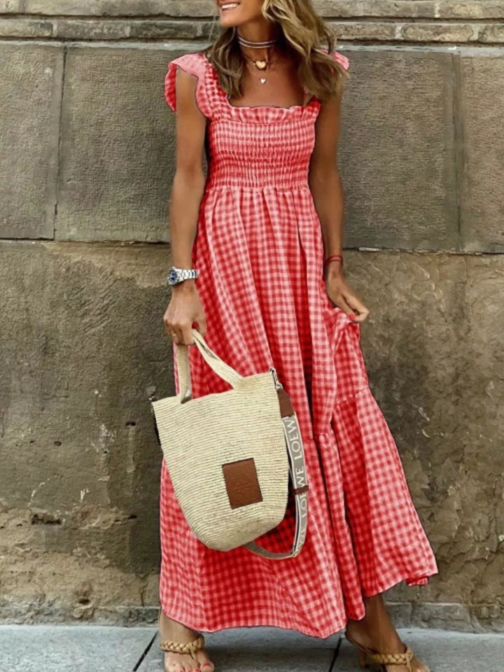 Red Gingham smocked ruffle maxi dress with flutter sleeves