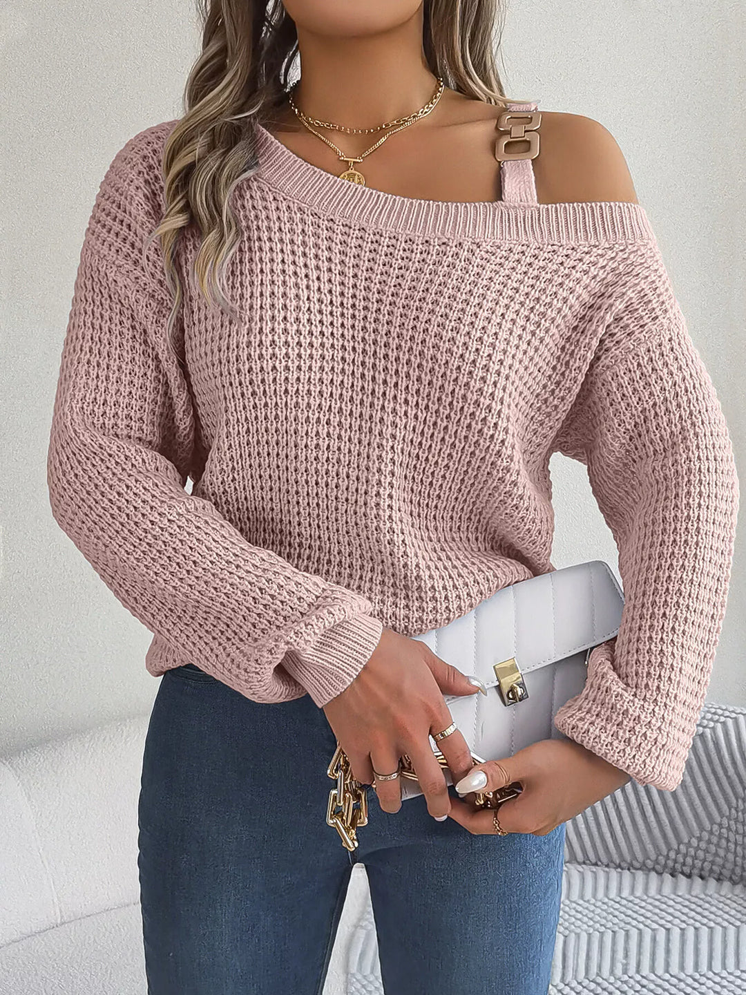 Asymmetrical cold-shoulder openwork knit sweater with chain strap