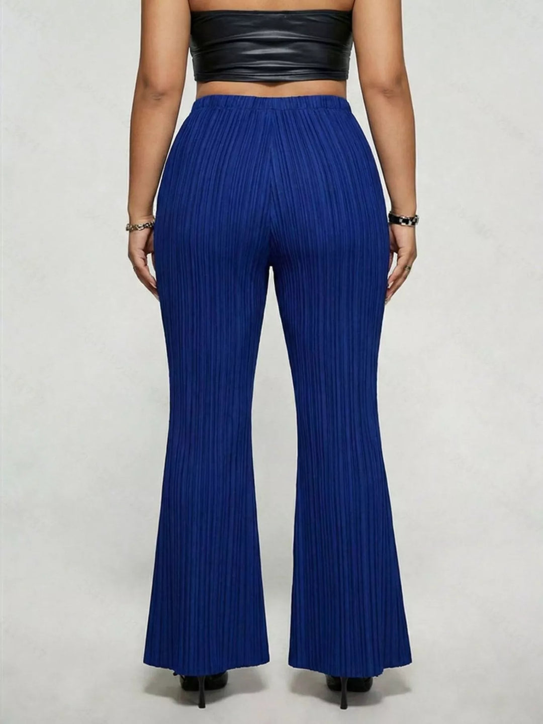 Plus size high-rise ribbed flare pants with buckle detail