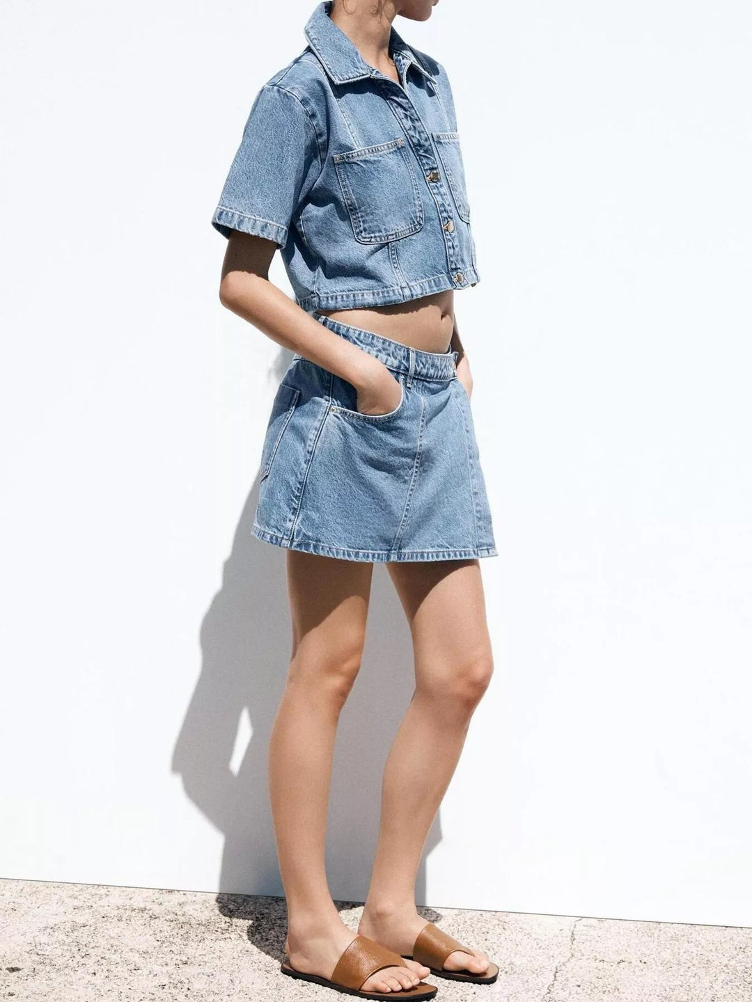 Contrast-stitch denim button-up crop shirt and skort set