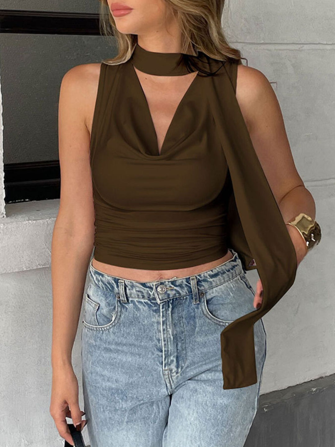 Brown Ruched cowl neck cami with tie choker neckline
