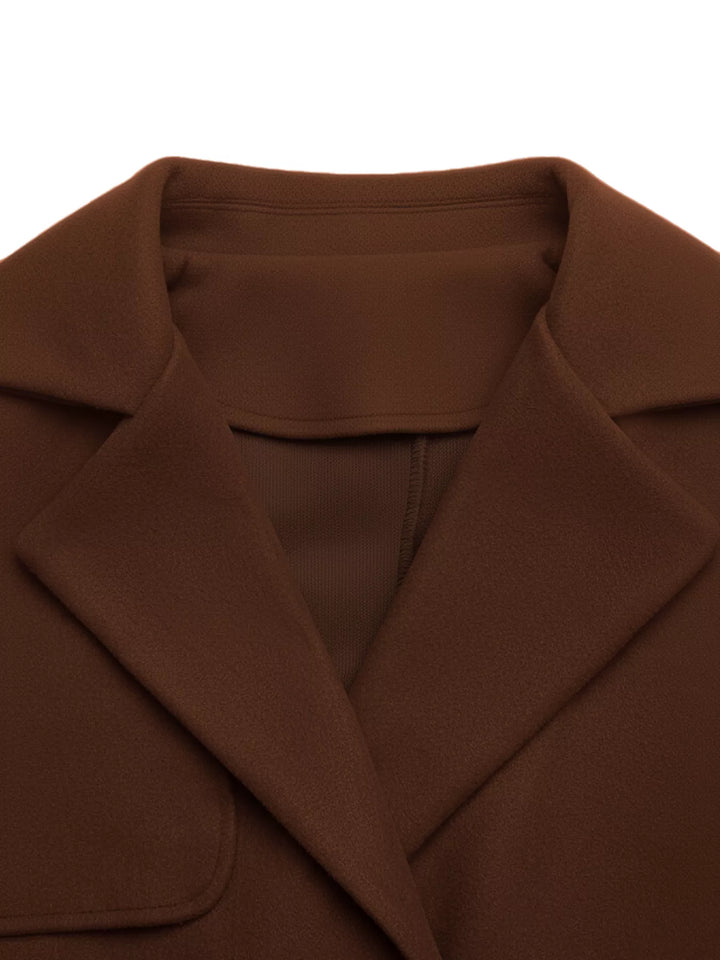 Double-breasted belted longline coat with notch lapel