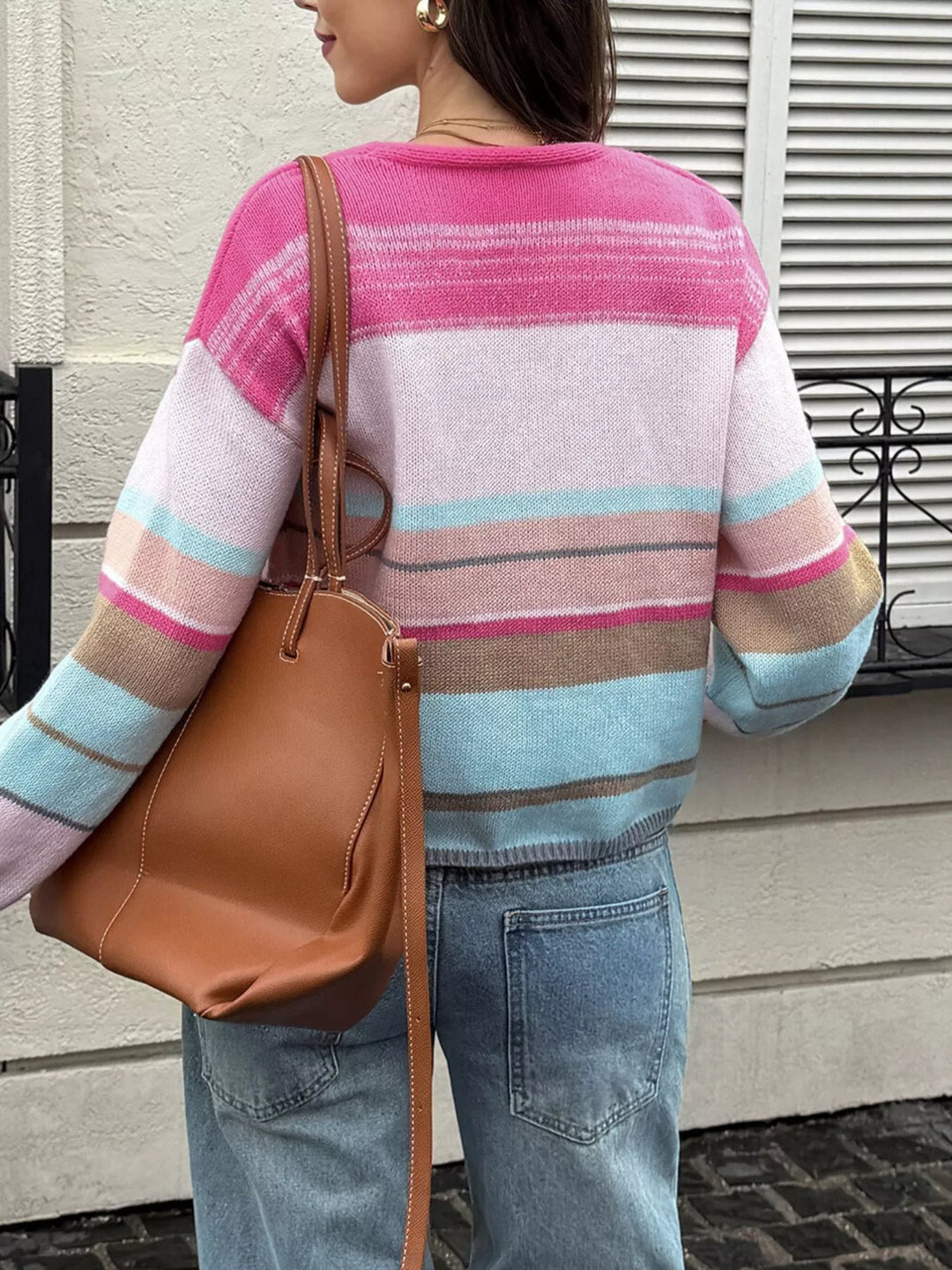 Striped tie-front knit cardigan with ribbed trim