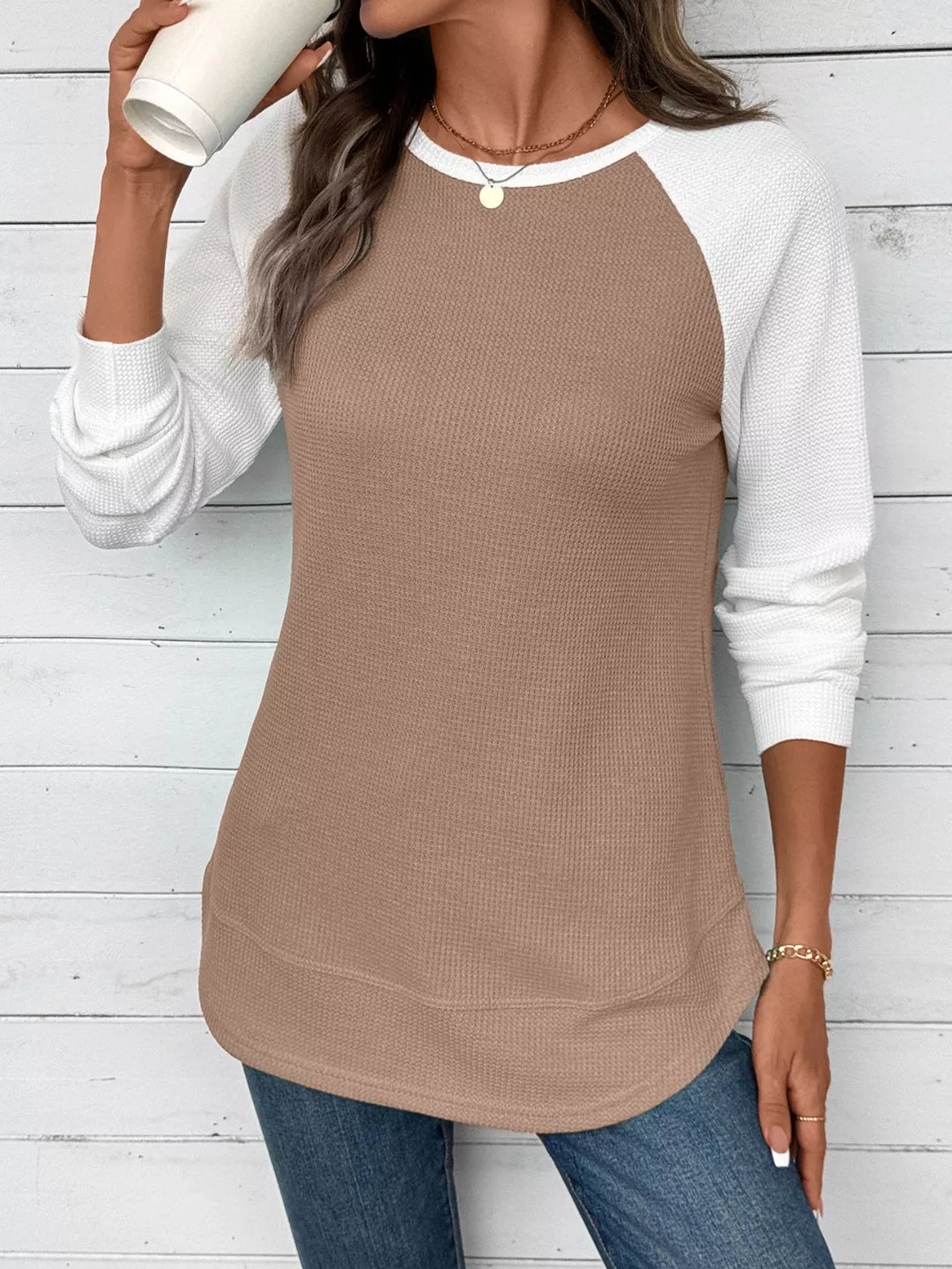 Waffle knit long sleeve raglan tunic top