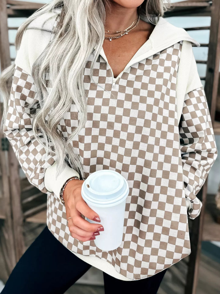 Checkered quarter-zip pullover sweatshirt with collar