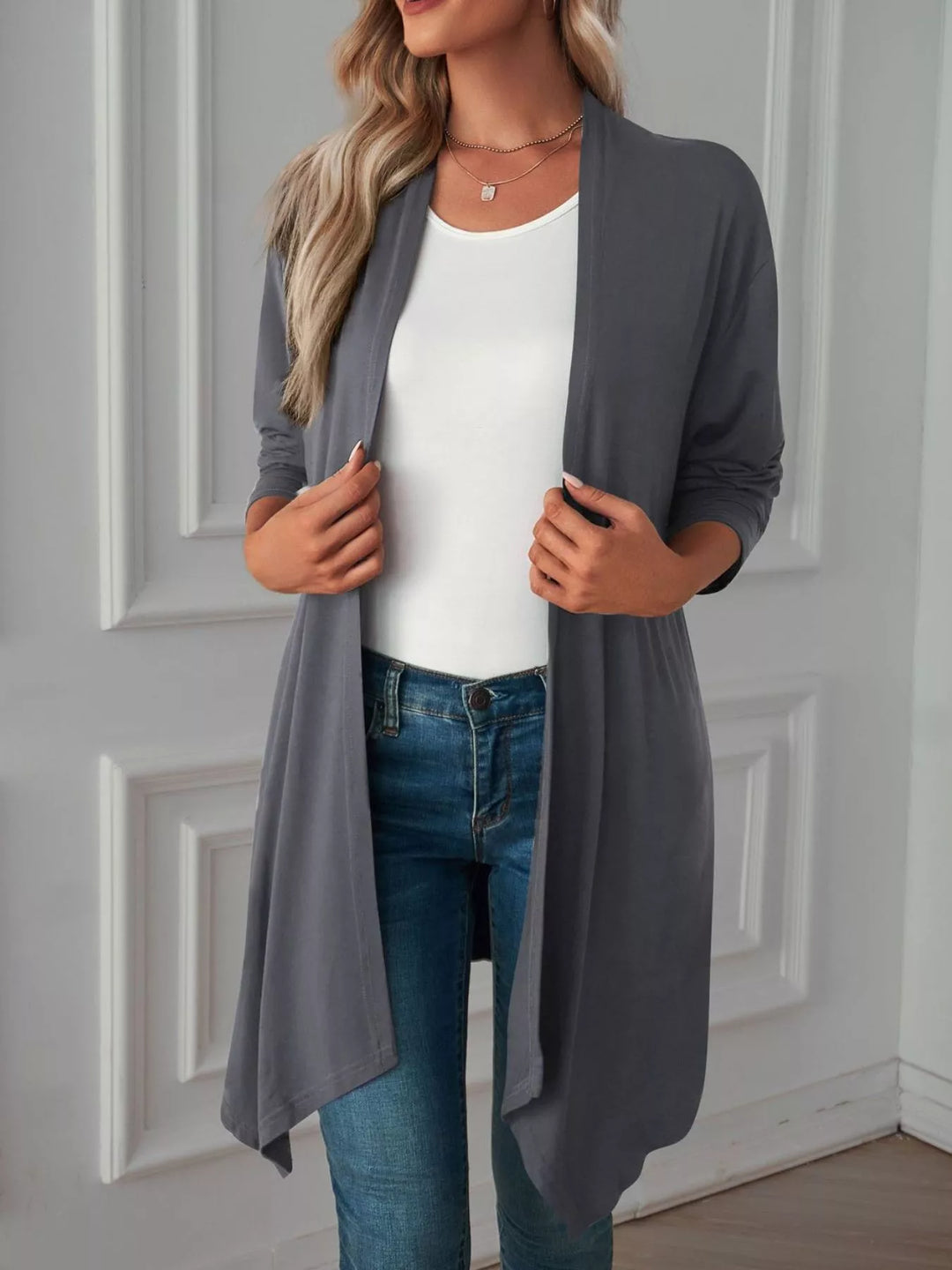 Lightweight open front cardigan with draped waterfall hem