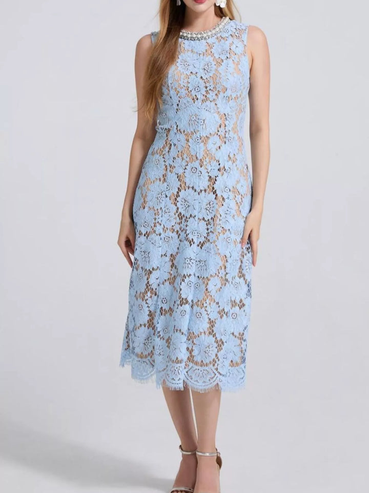 Sleeveless floral lace midi dress with pearl neckline