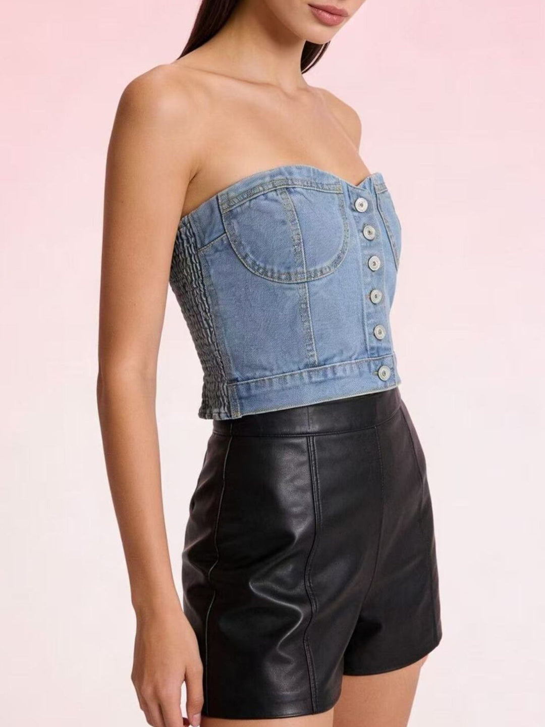 Button-front denim tube top with smocked sides