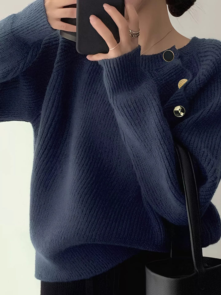 Ribbed knit round neck sweater with shoulder button detail