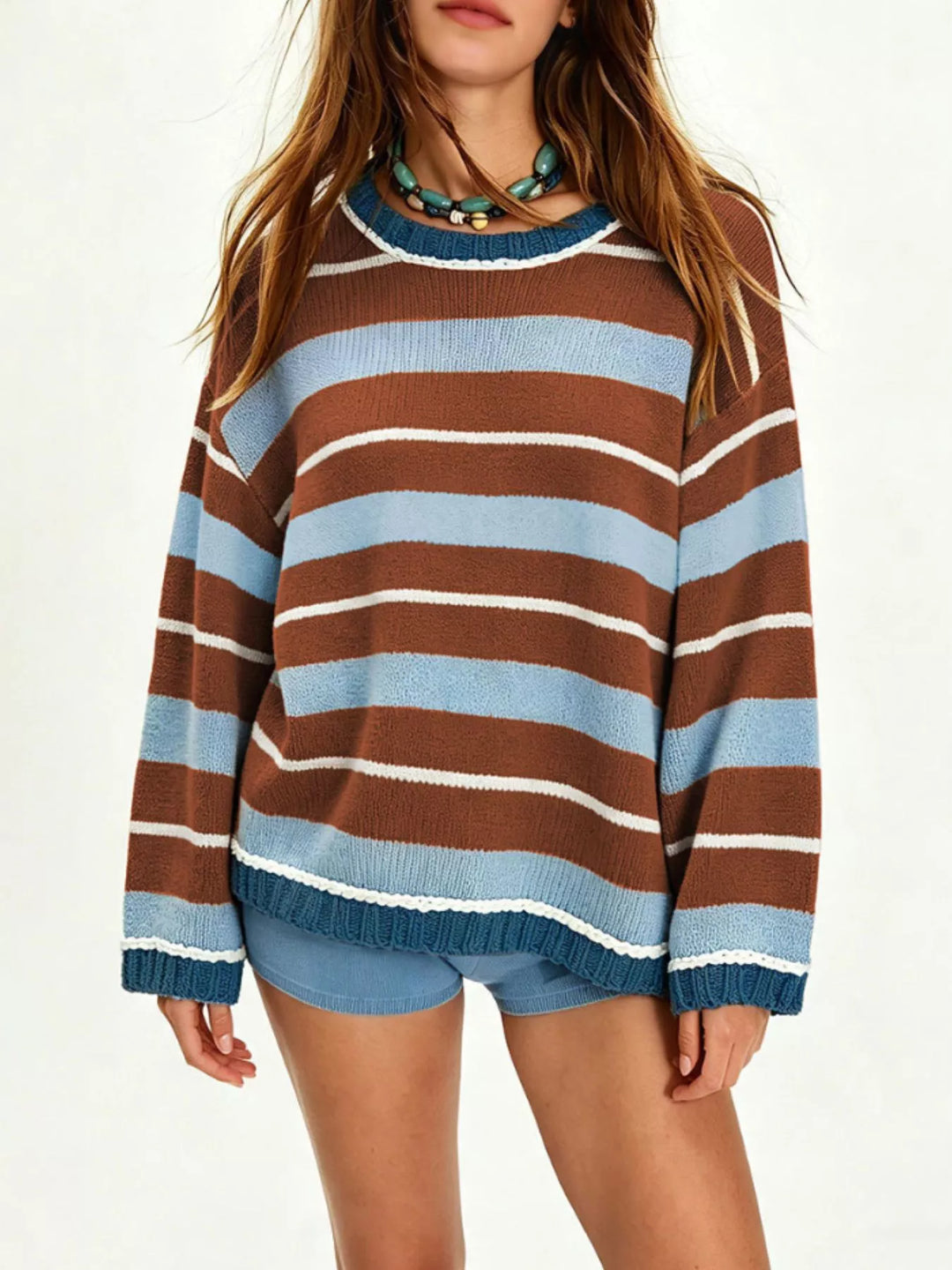 Oversized striped knit crew neck sweater with ribbed trim