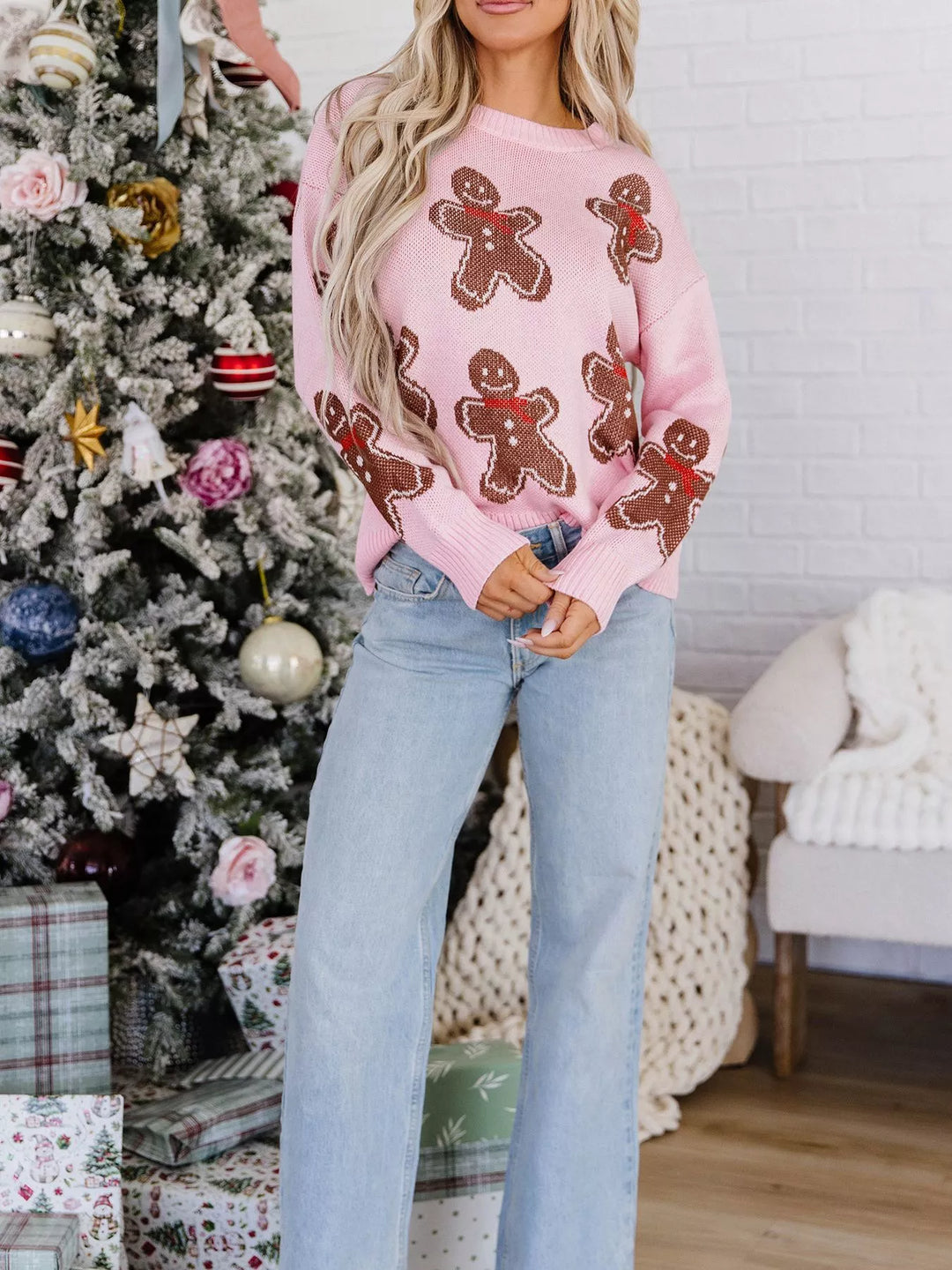 Gingerbread man knit pullover sweater with drop shoulders