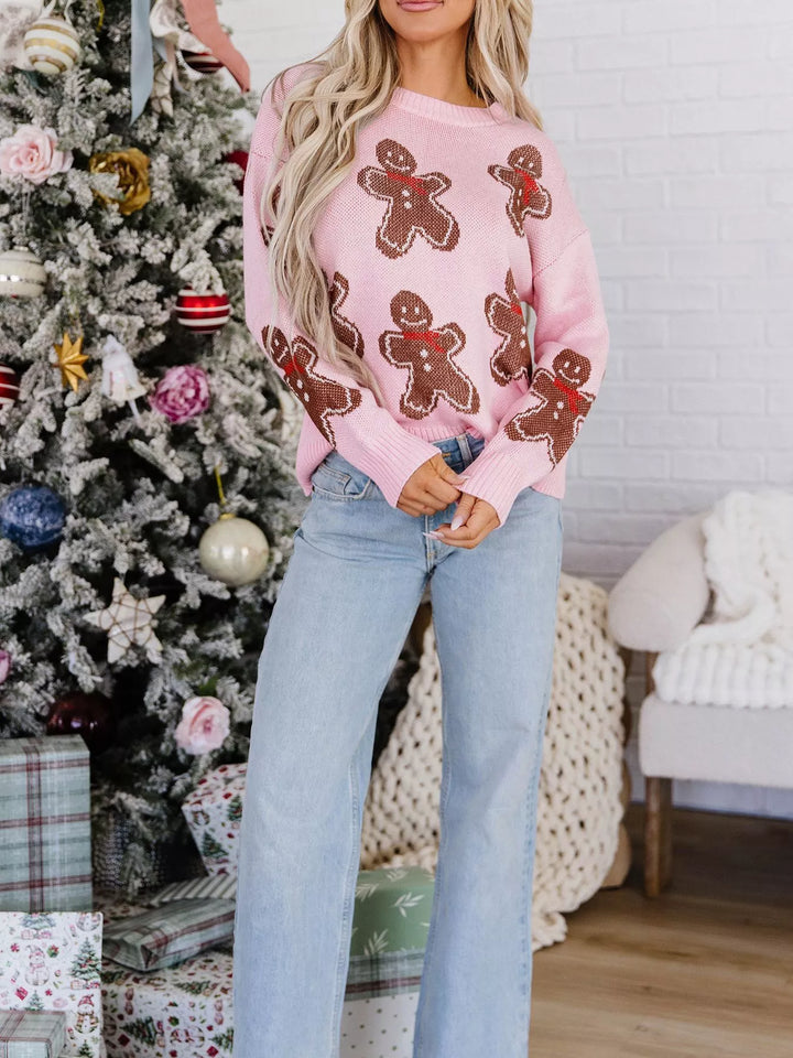Gingerbread man knit pullover sweater with drop shoulders