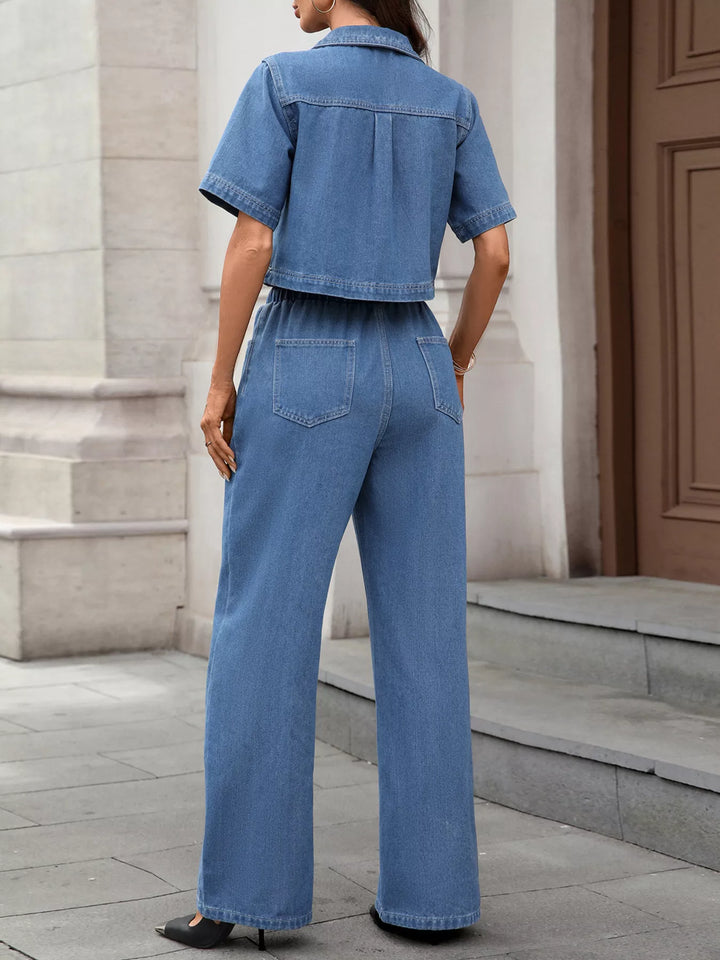 Short sleeve denim two-piece set with drawstring wide-leg pants