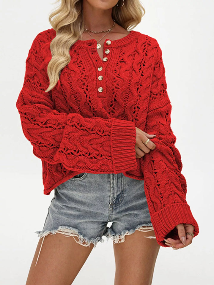 Red Openwork cable knit henley sweater with drop shoulders