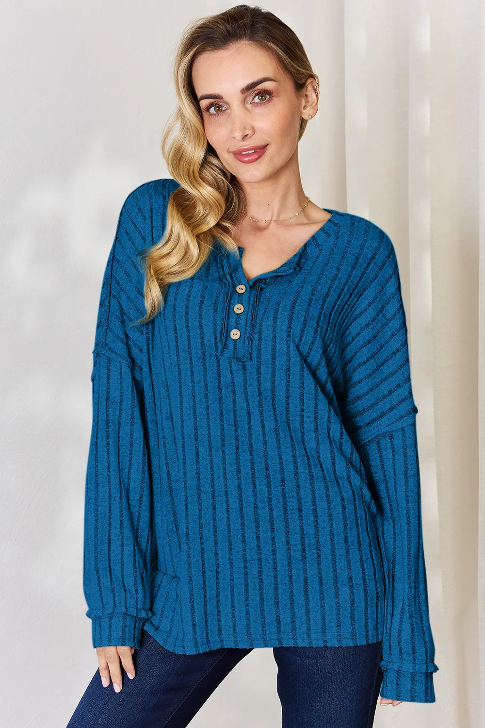 Sky Blue Ribbed knit half-button henley long sleeve top