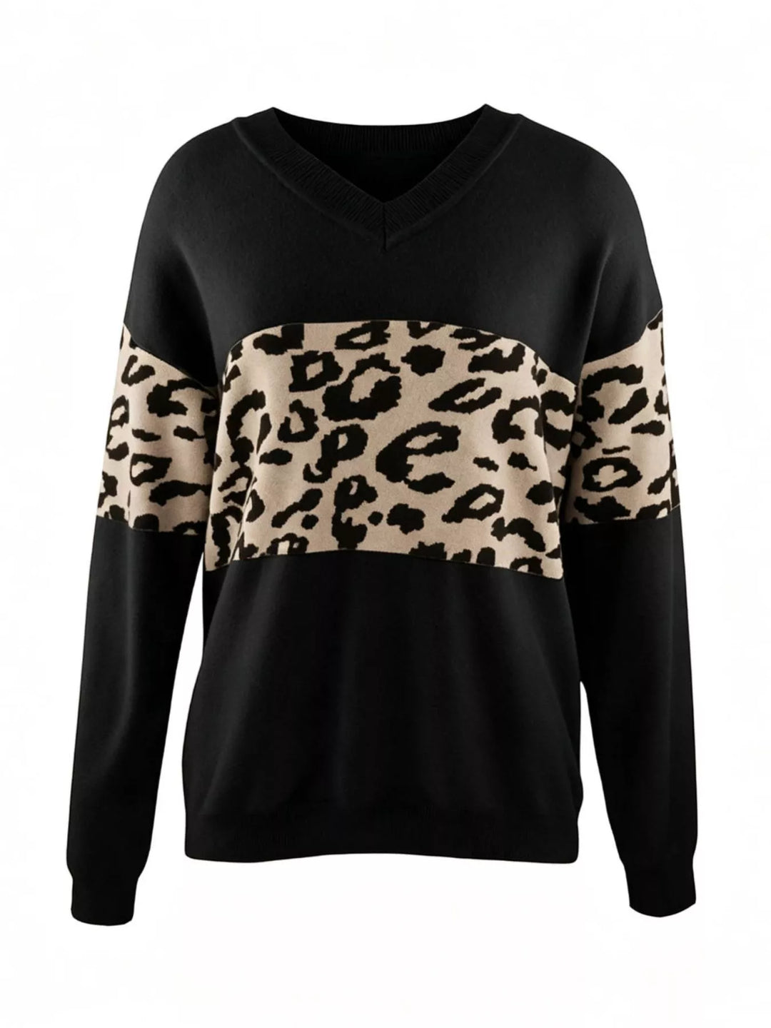 Black Leopard colorblock V-neck drop shoulder knit sweater
