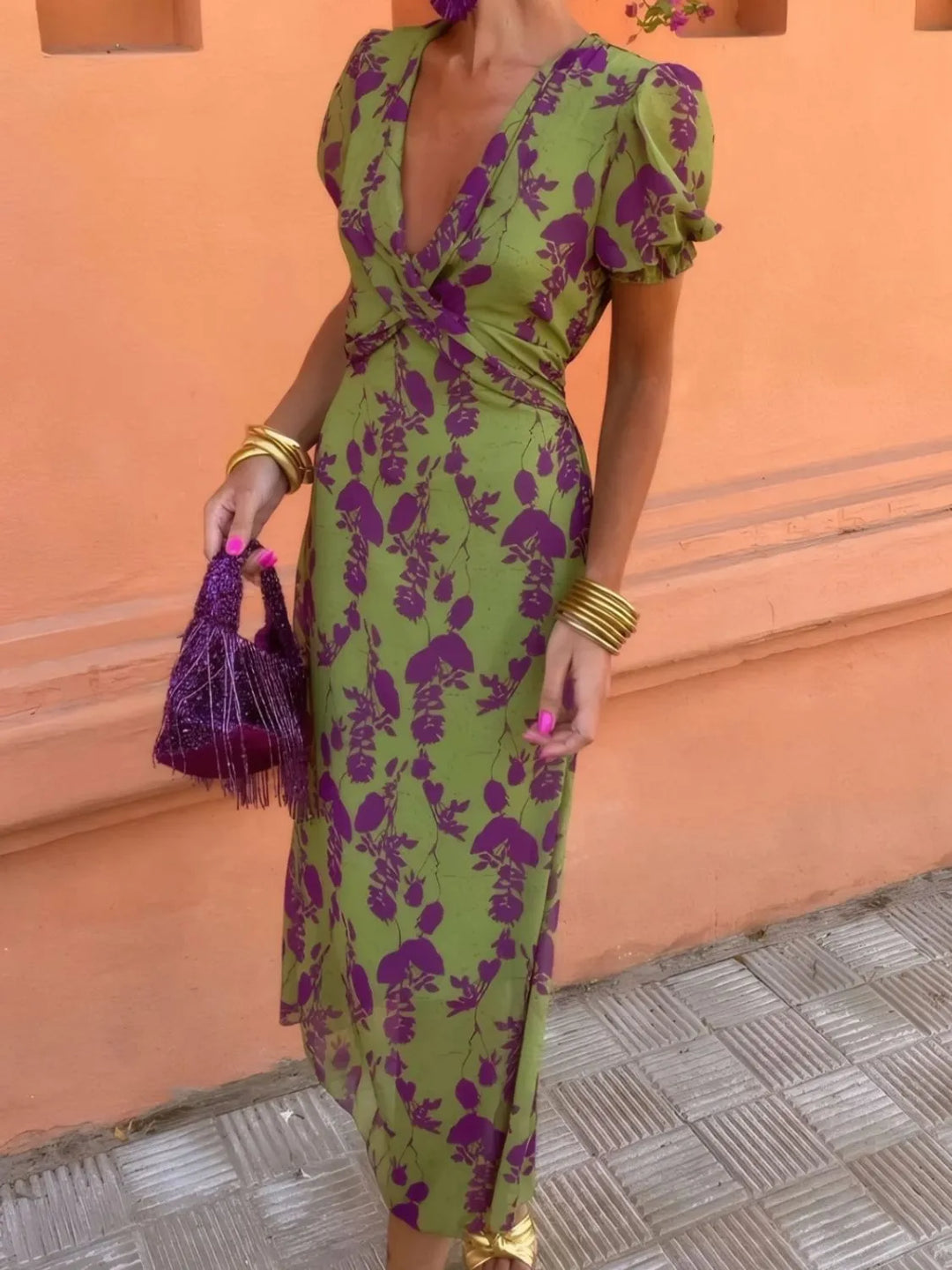 Floral print plunge midi dress with twist front and puff sleeves