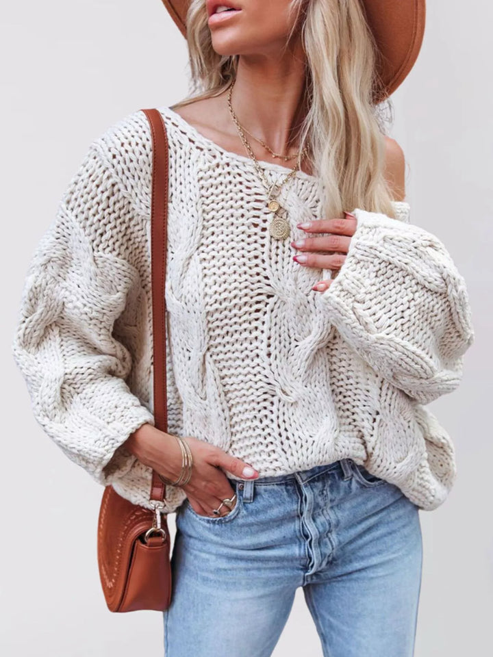 White Oversized chunky cable knit pullover with wide boat neck