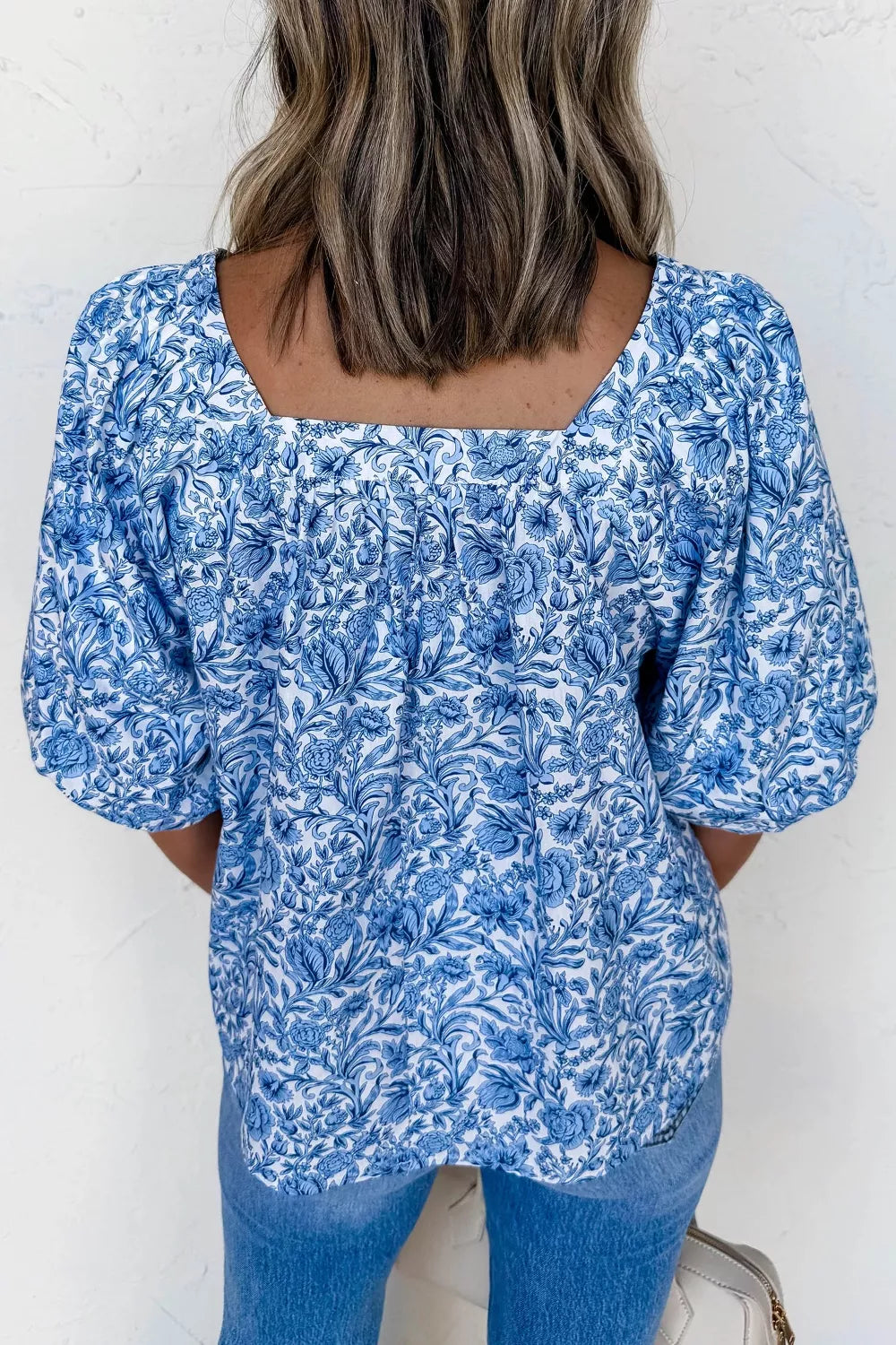 Square neck floral print puff sleeve blouse