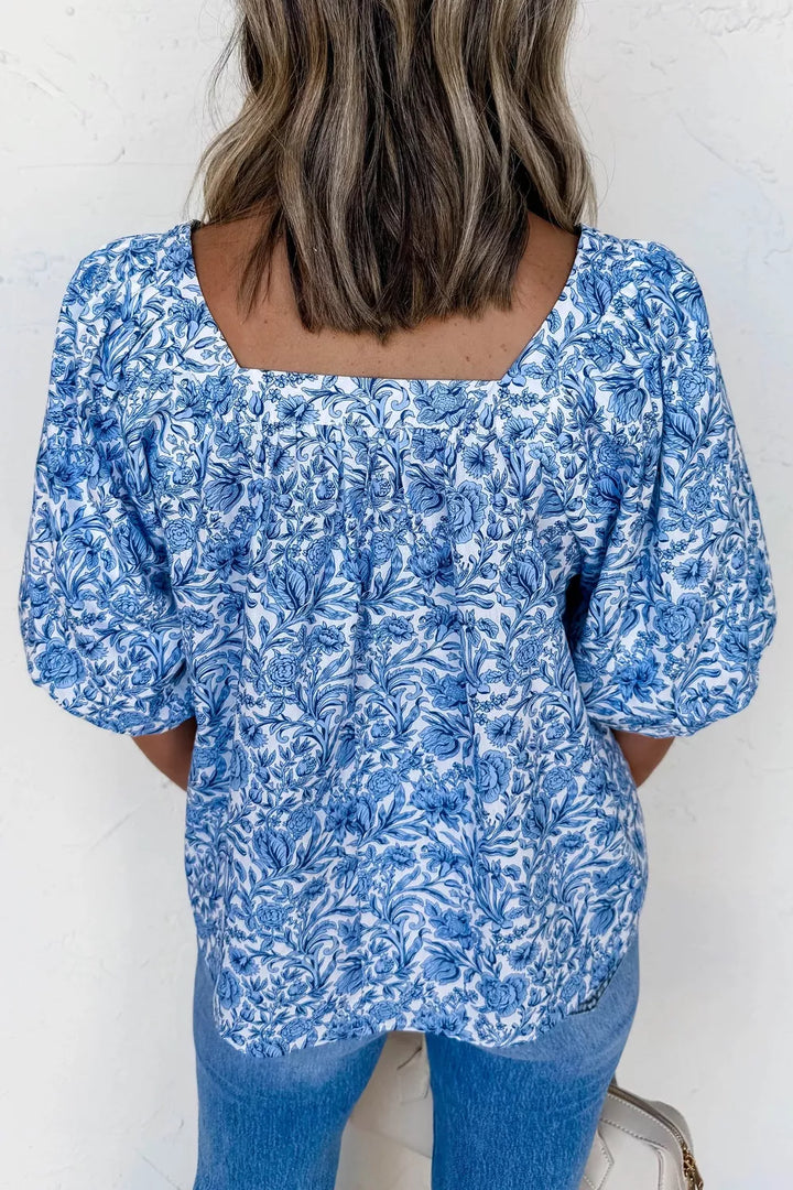 Square neck floral print puff sleeve blouse