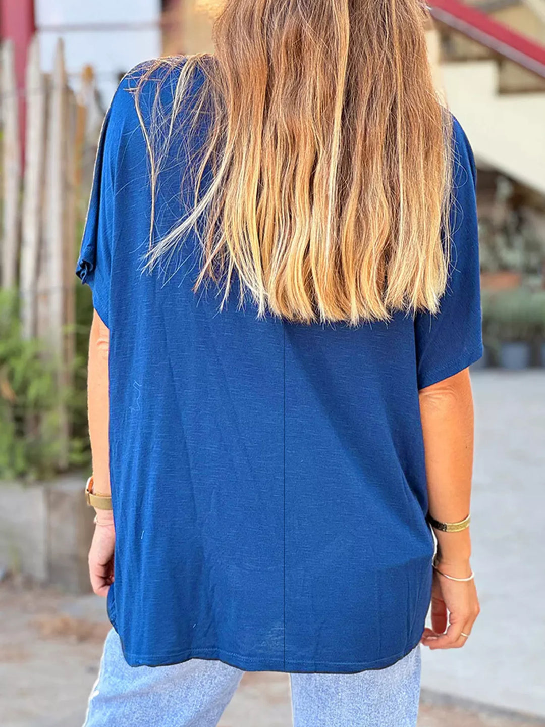 Relaxed v-neck heathered jersey tee with batwing sleeves