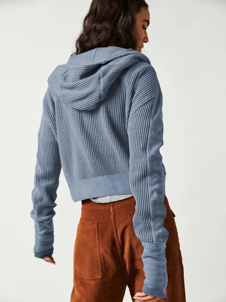 Waffle-knit zip-up hooded jacket with dropped shoulders