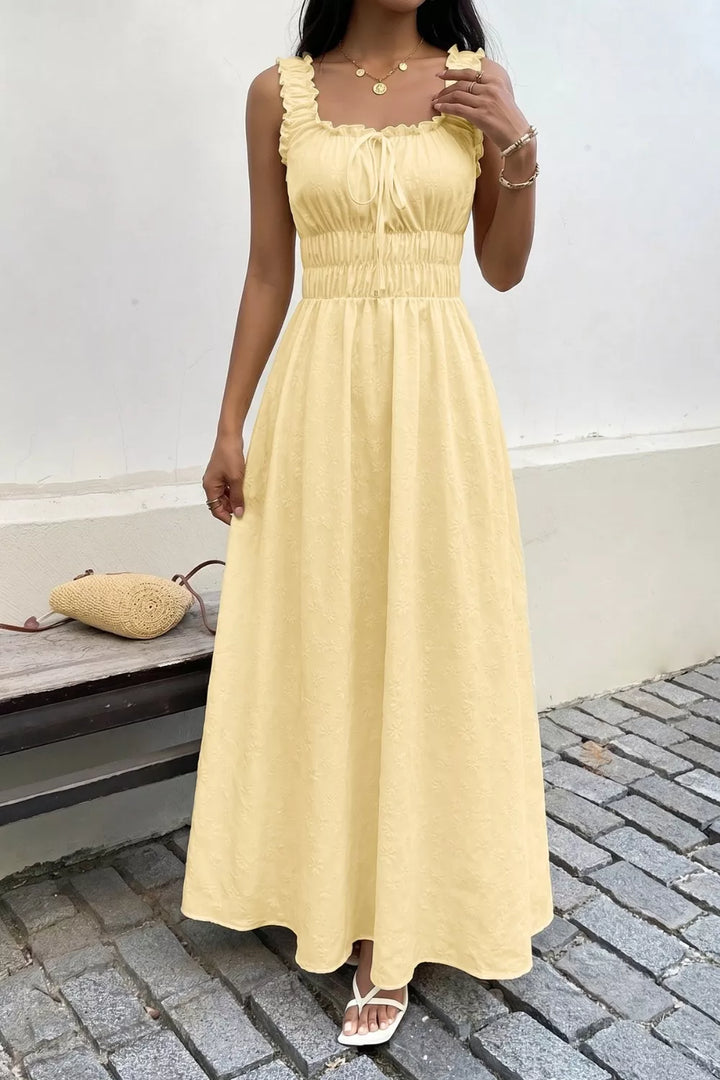 Square-neck smocked-waist maxi dress with ruffle straps