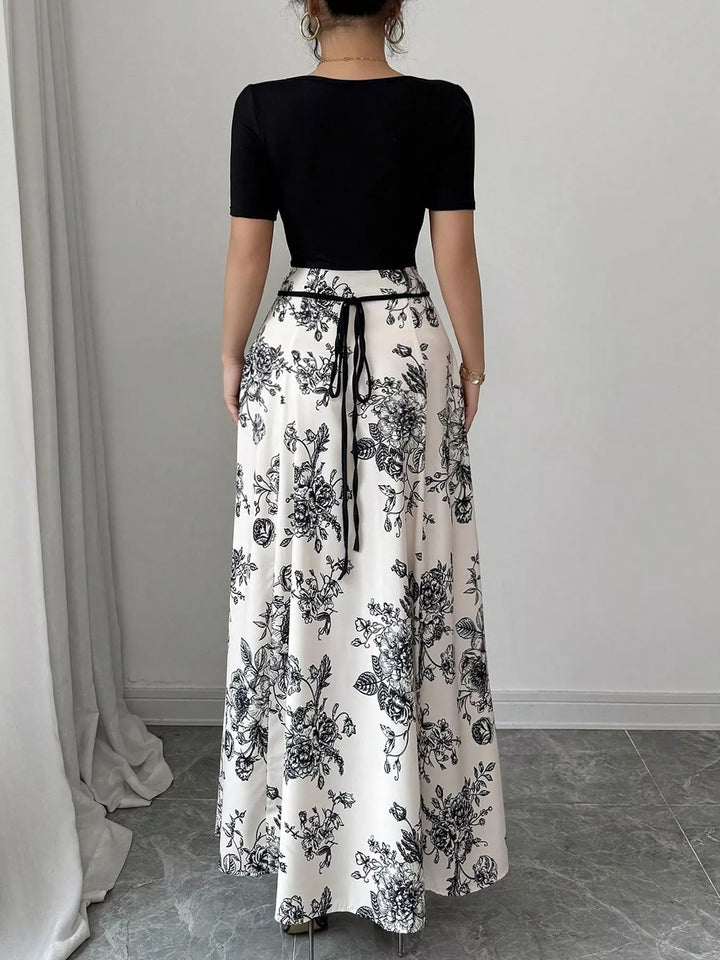 Square-neck floral print maxi dress with crisscross waist