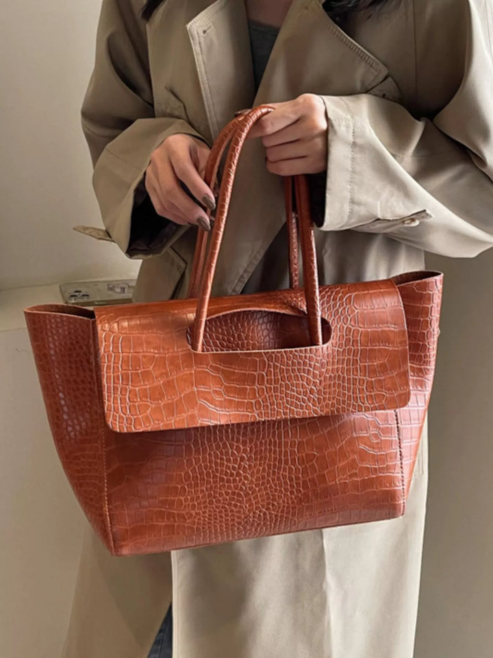 Croc-embossed faux leather shoulder tote bag
