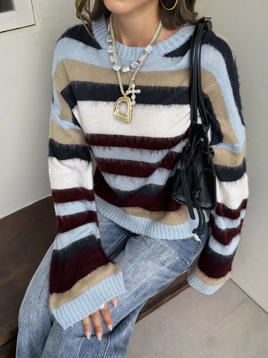 Striped fuzzy knit crew neck pullover sweater