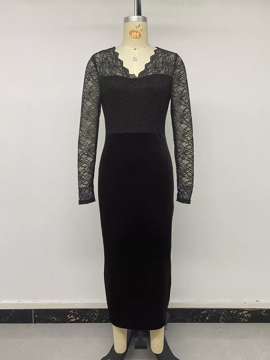 Lace bodice velvet midi dress with long sheer sleeves
