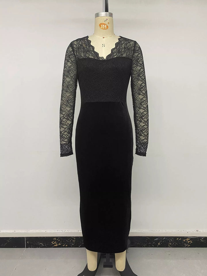 Lace bodice velvet midi dress with long sheer sleeves
