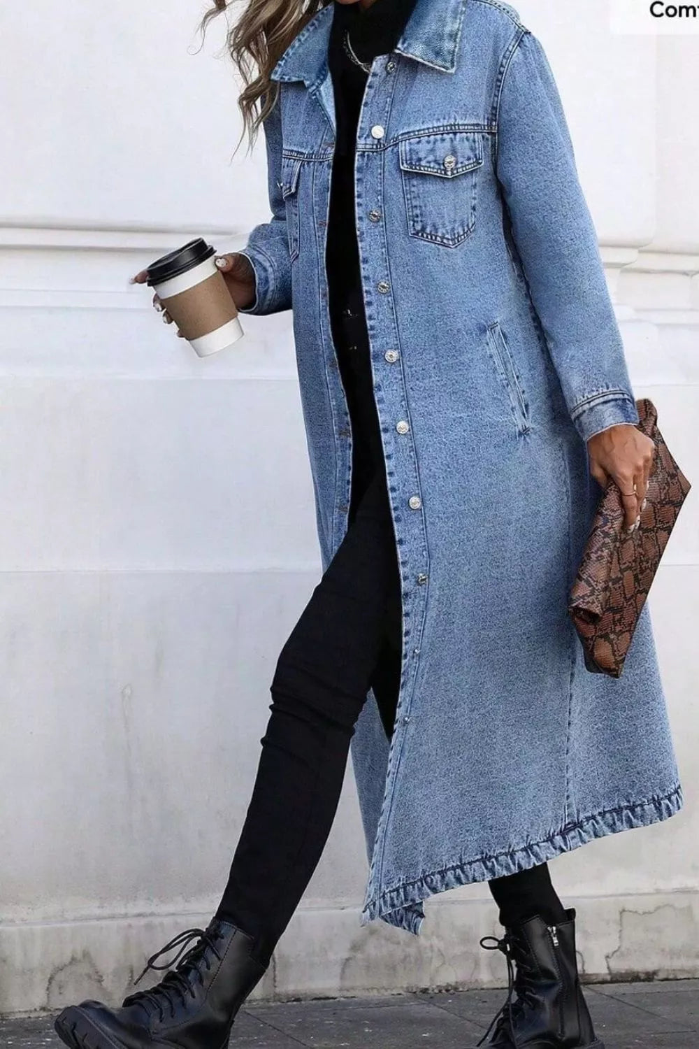 Longline button-down denim duster jacket with chest pockets