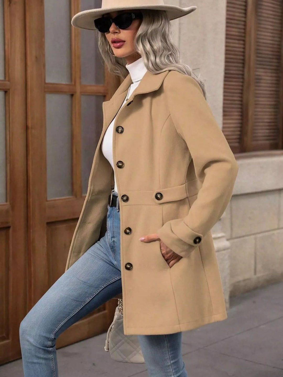 Notched lapel button-up coat with waist tabs