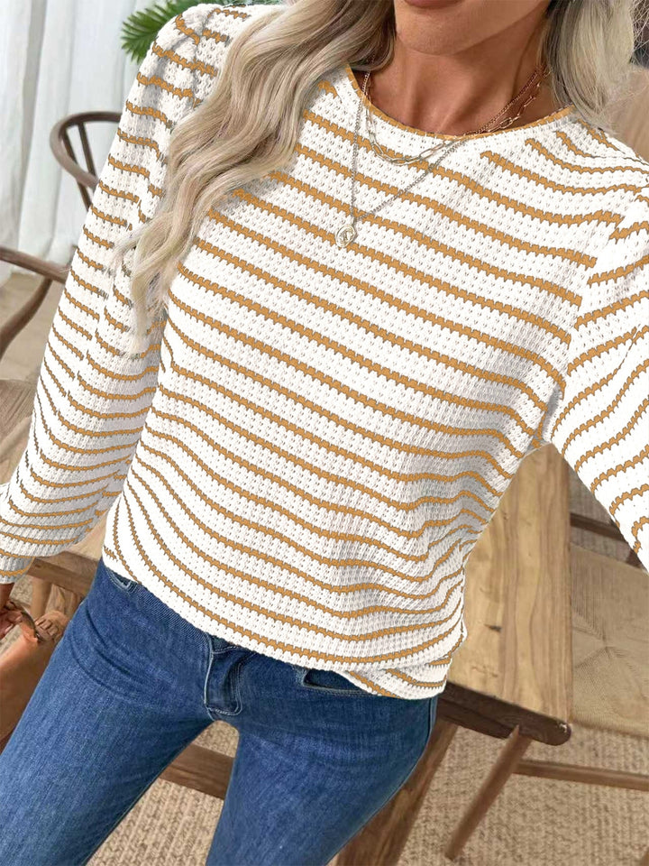 Tan Striped textured knit long sleeve crew neck top