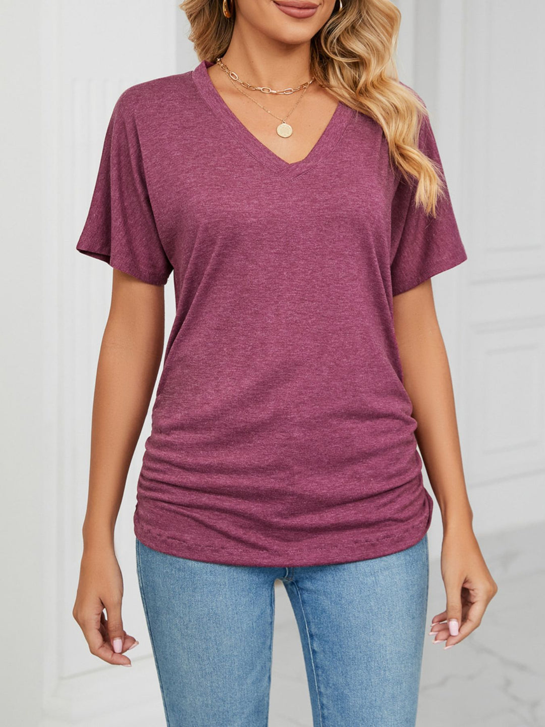 Relaxed V-neck short sleeve tee with drop shoulders