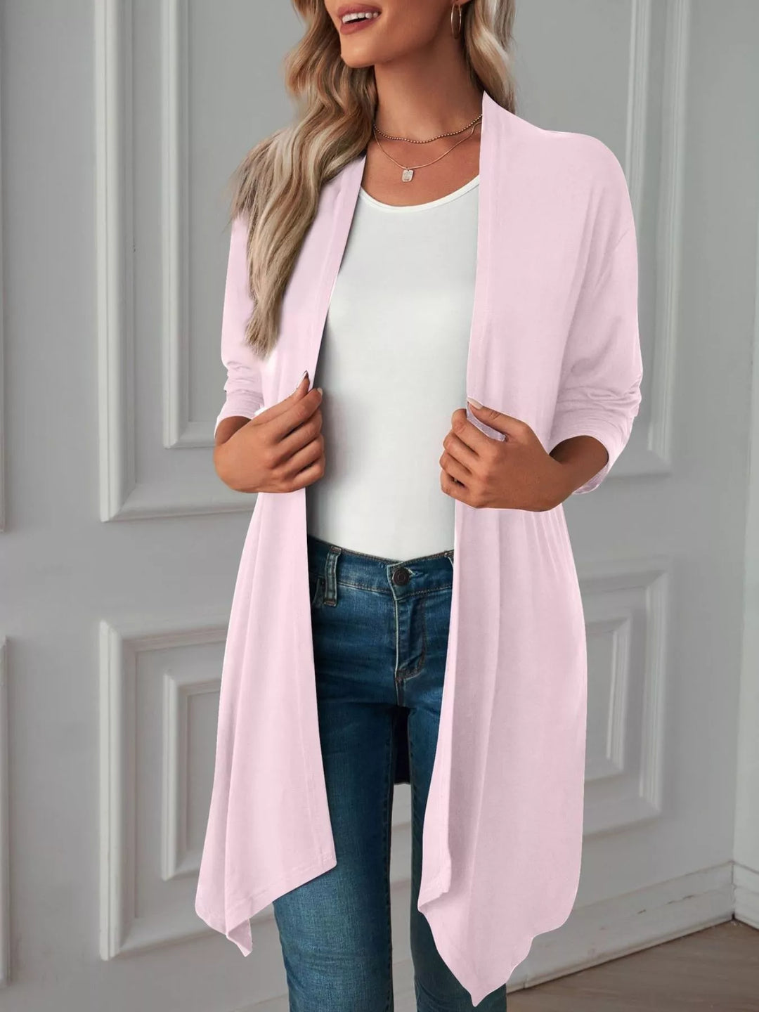 Lightweight open front cardigan with draped waterfall hem