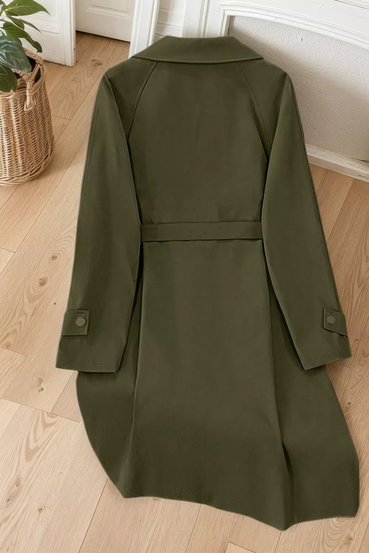 Wide lapel belted trench coat with epaulette tabs