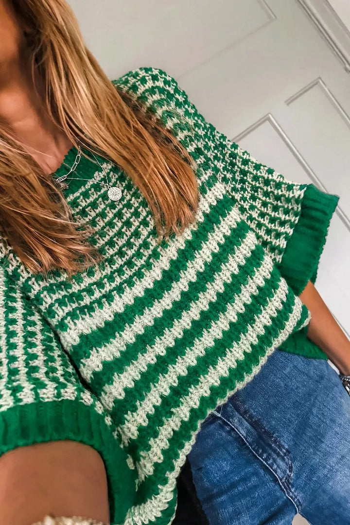 Striped textured knit sweater with drop shoulder sleeves