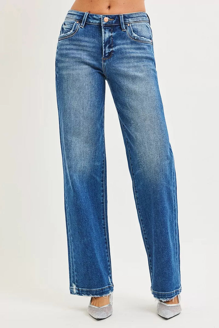 Slouchy wide-leg baggy jeans with raw hem and side seam detail