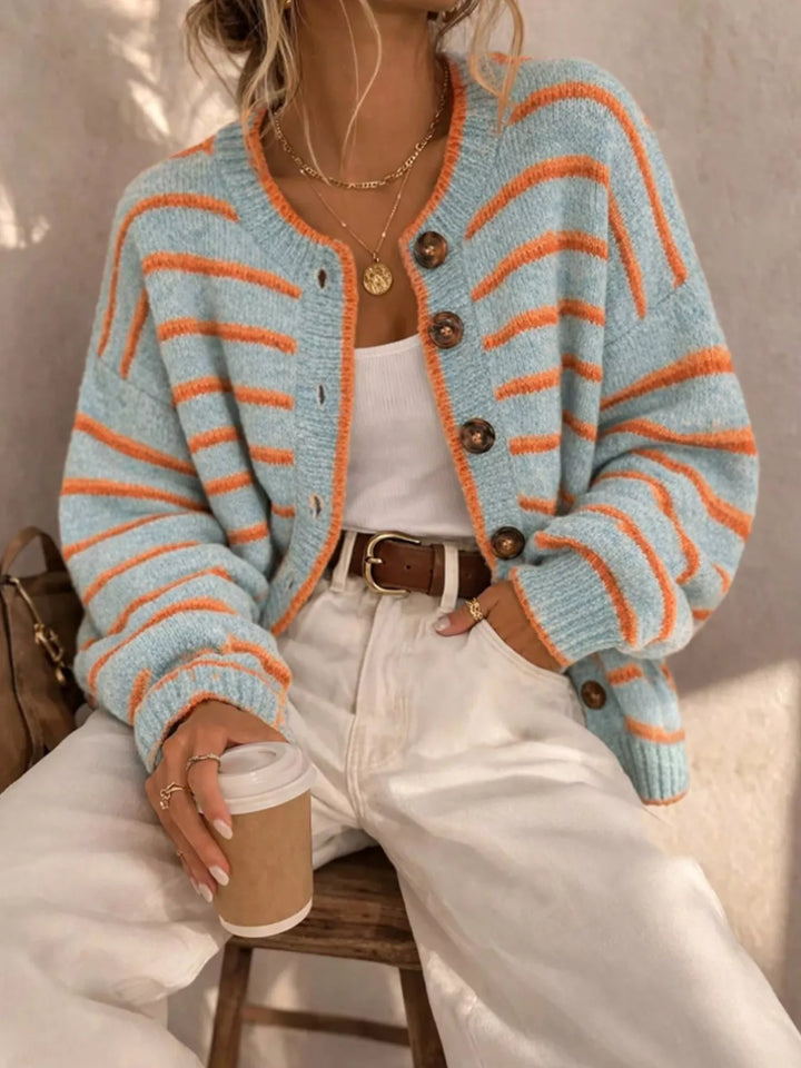 Striped button-front knit cardigan with contrast trim