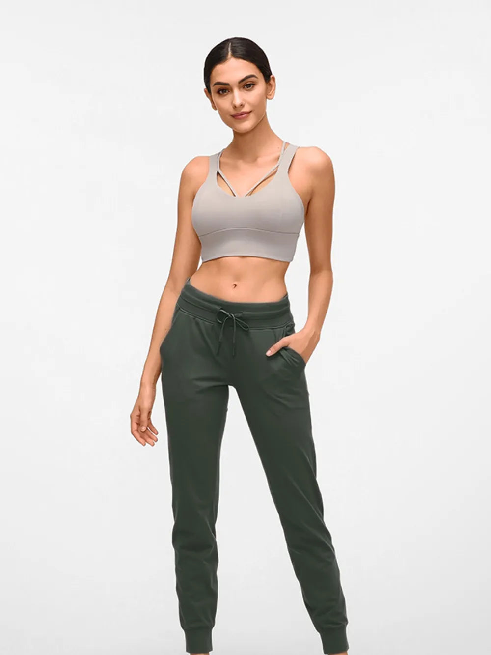Tapered stretch nylon joggers with drawstring waist and pockets
