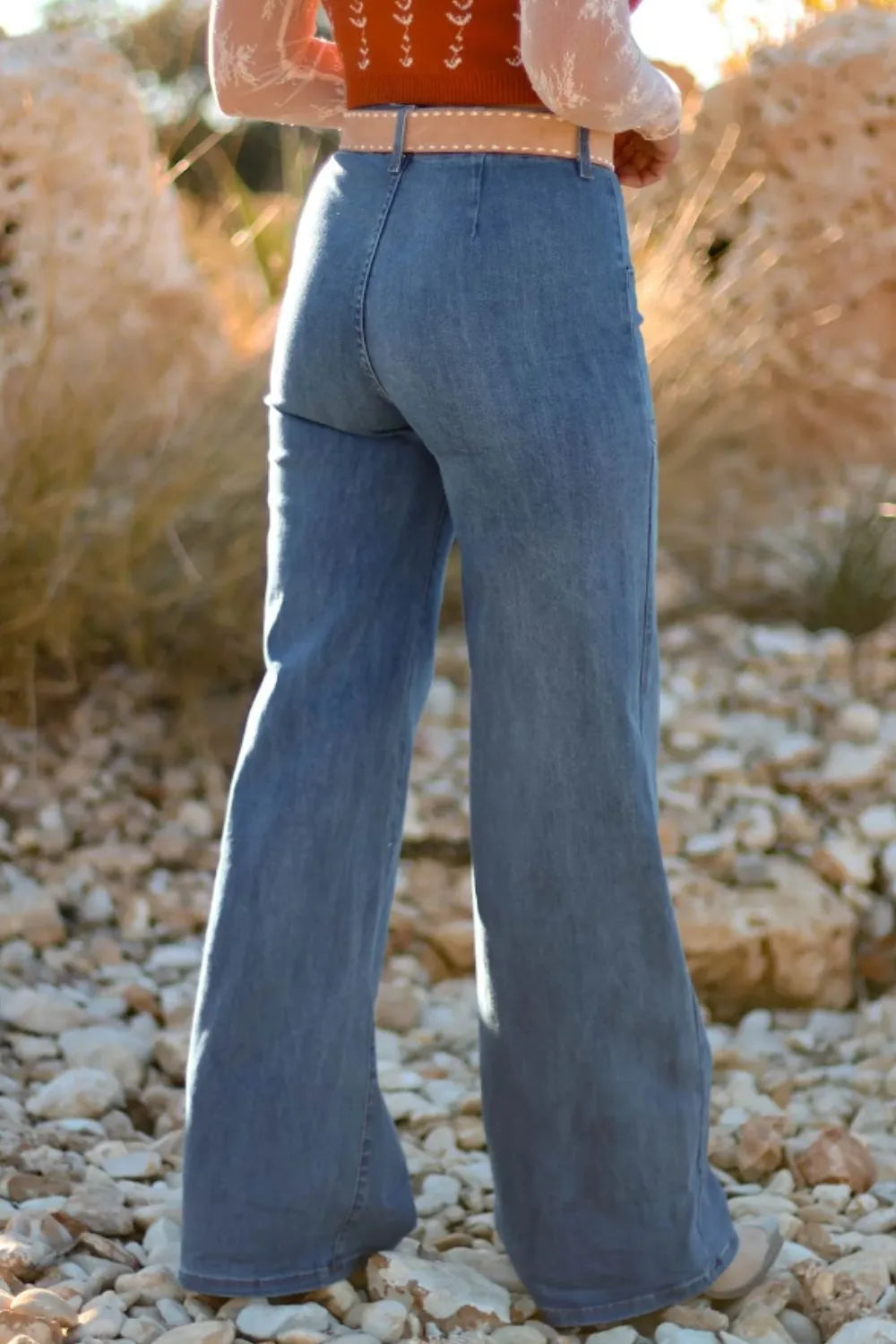 High-rise wide-leg button-fly jeans with patch pockets