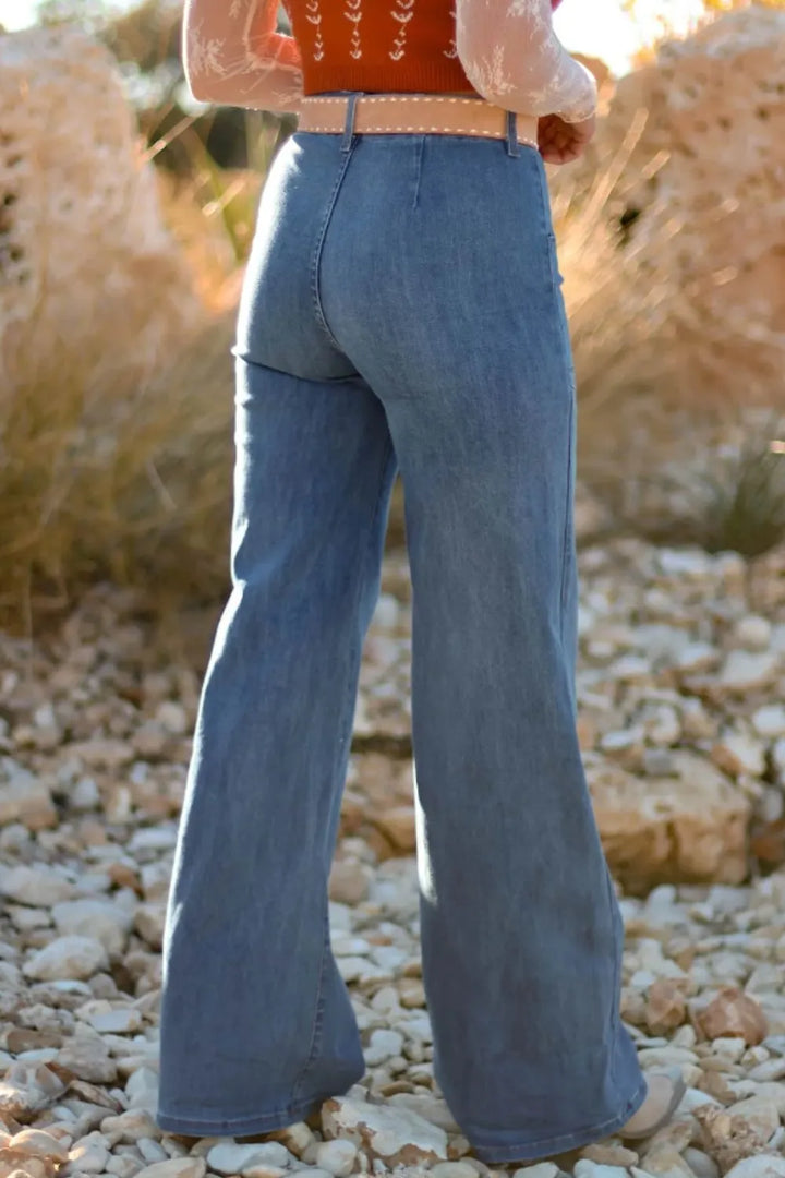 High-rise wide-leg button-fly jeans with patch pockets