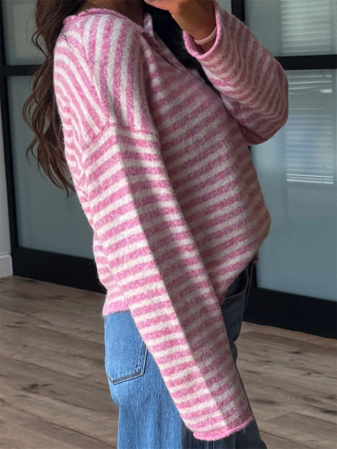 Striped dropped-shoulder collared sweater with button placket