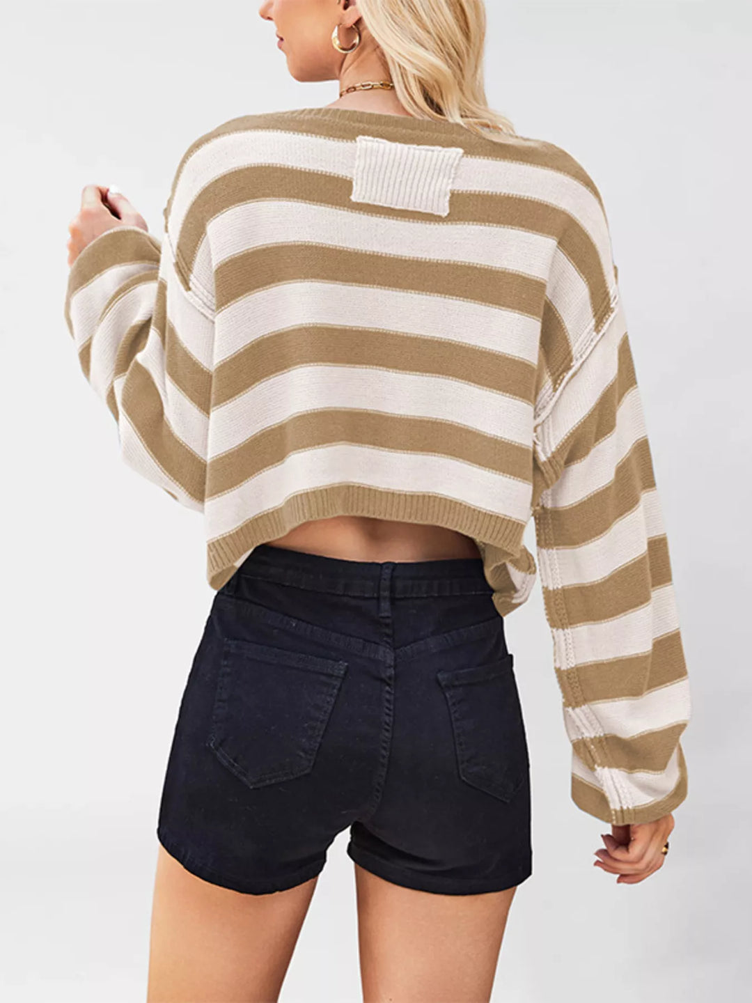 Striped oversized boat neck cropped sweater with exposed seams