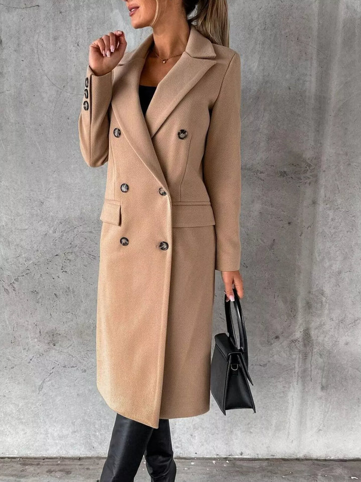 Double-breasted longline coat with notch lapel and flap pockets