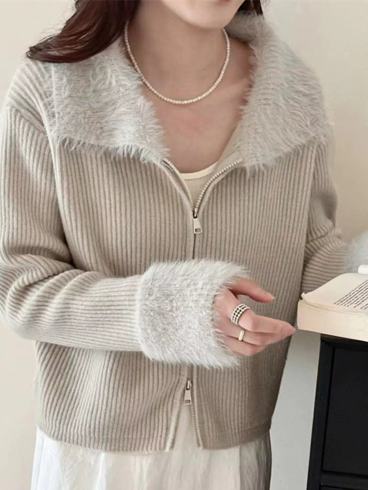 Ribbed knit zip-up cardigan with fluffy faux fur trim