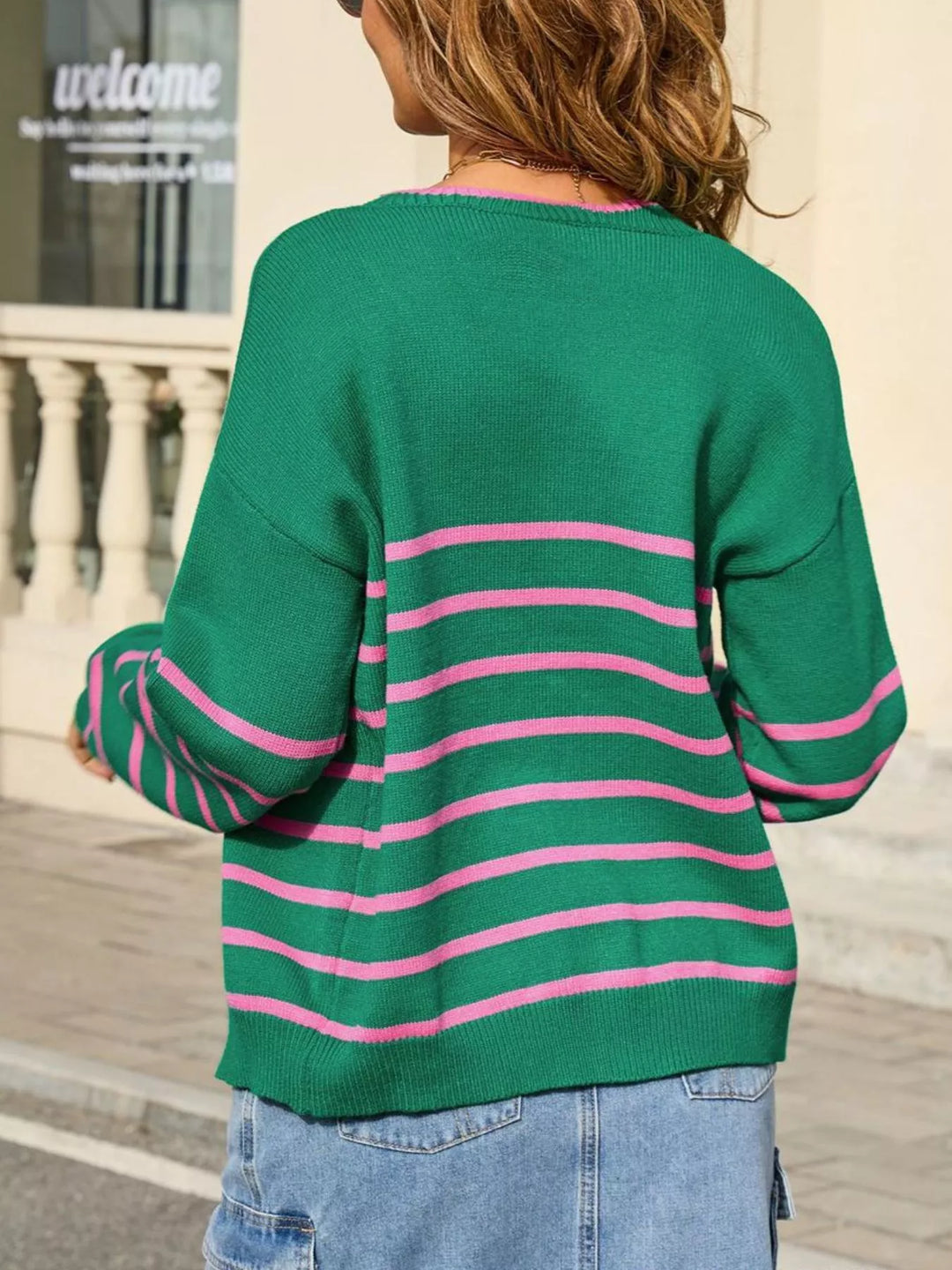 Striped tie-front knit cardigan with contrast trim